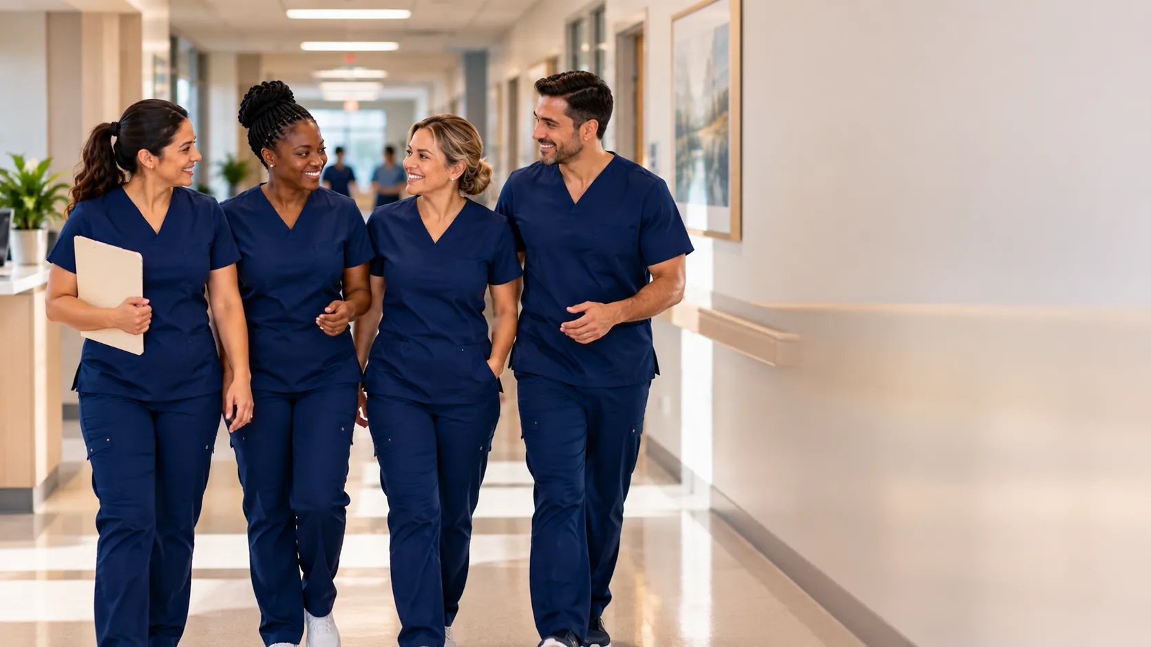 Equipo de enfermería de R&D Golden Care caminando por el pasillo de un hospital