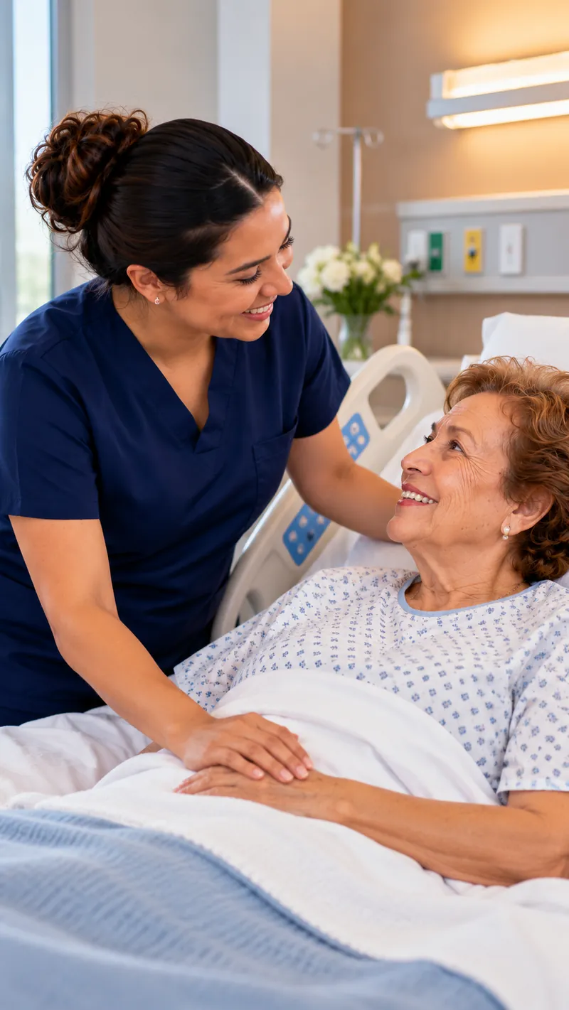 Enfermera junto a una paciente en el hospital