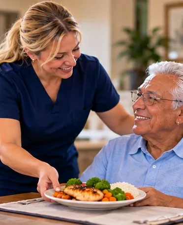 Cuidadora sirviendo una comida a un señor mayor