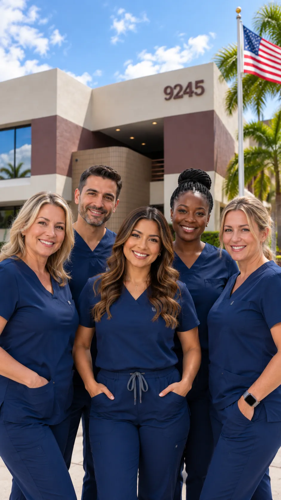 Equipo de R&D Golden Care frente a la oficina en Palmetto Bay